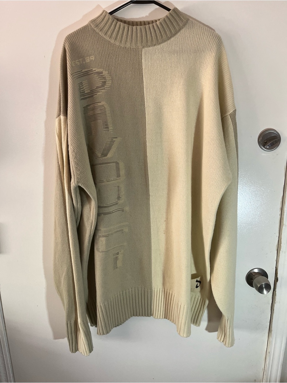 Men's Two-Tone Crewneck Knit Sweater in Cream and Tan
